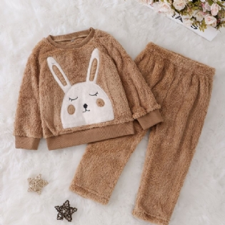 Piger Kanin Mønster Fleece Sweatshirt & Matchende Solide Bukser Outfit Sæt Børnetøj Til Vinter