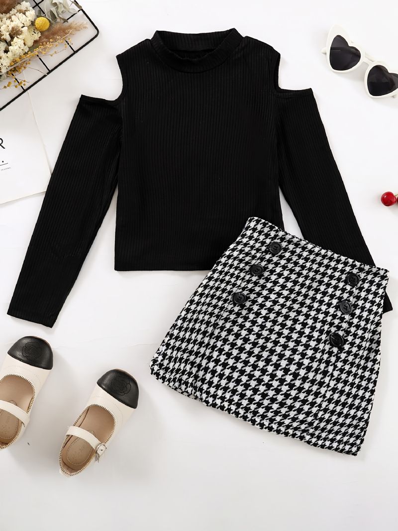 Piger Kold Skulder Langærmet Top + Houndstooth Nederdel Sæt Børnetøj Til Vinter