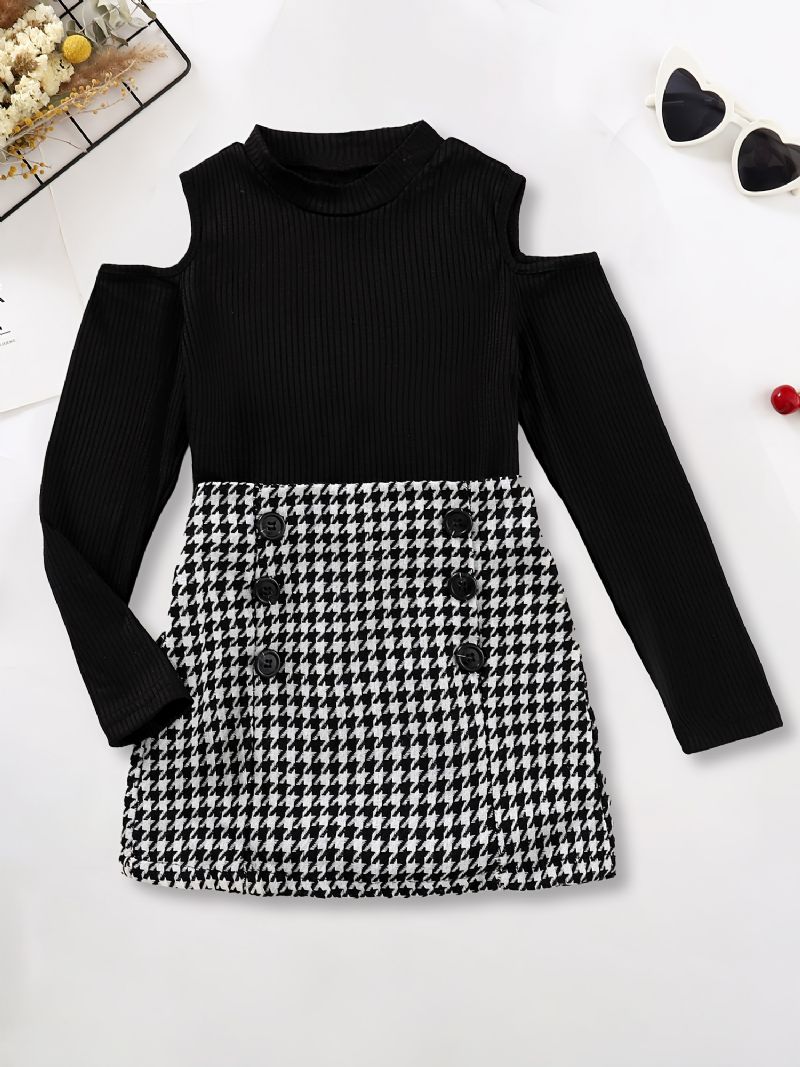 Piger Kold Skulder Langærmet Top + Houndstooth Nederdel Sæt Børnetøj Til Vinter