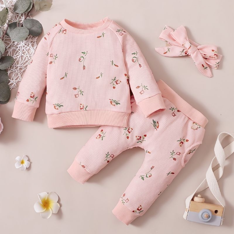 Piger Langærmet Blomstret Sweatshirt + Bukser + Pandebånd Sæt Babytøj Outfit