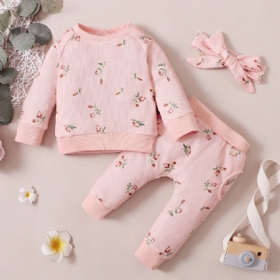 Piger Langærmet Blomstret Sweatshirt + Bukser + Pandebånd Sæt Babytøj Outfit