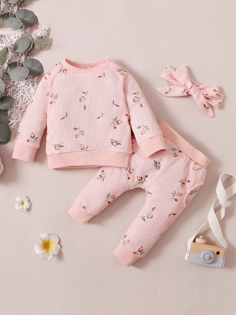 Piger Langærmet Blomstret Sweatshirt + Bukser + Pandebånd Sæt Babytøj Outfit