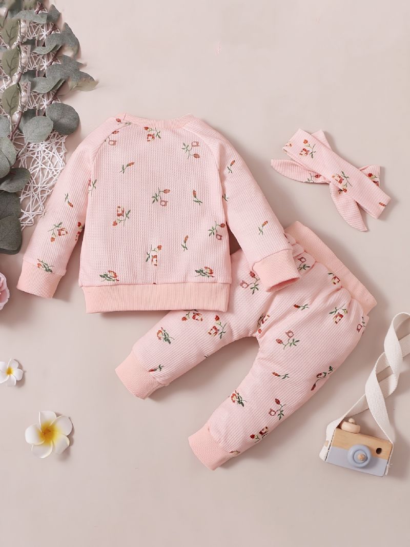 Piger Langærmet Blomstret Sweatshirt + Bukser + Pandebånd Sæt Babytøj Outfit
