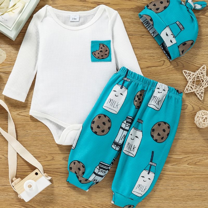 Piger Langærmet Romper Bodysuit + Tegneserie Print Bukser + Hatte Sæt Babytøj