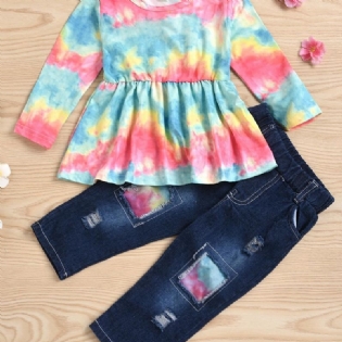 Piger Langærmet Tie-dye Top & Ripped Patchwork Jeanssæt