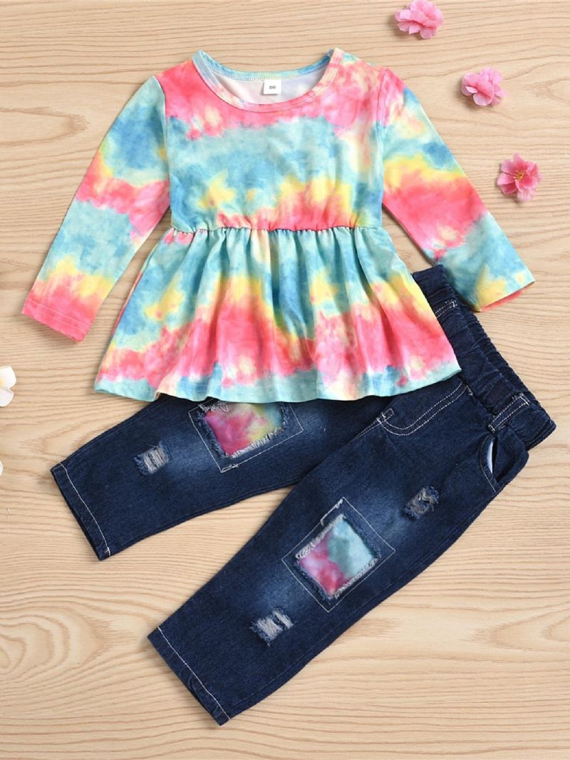 Piger Langærmet Tie-dye Top & Ripped Patchwork Jeanssæt