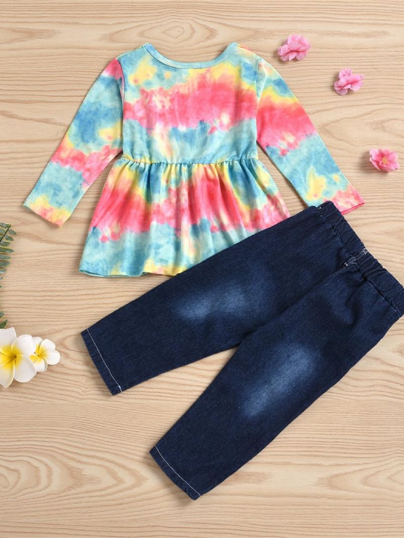 Piger Langærmet Tie-dye Top & Ripped Patchwork Jeanssæt