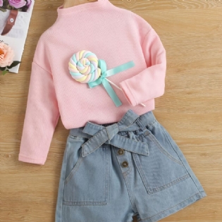 Piger Langærmet Top & Denim Shorts & Bæltesæt