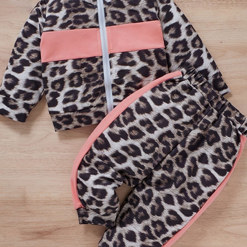 Piger Leopard Print Color Block Lynlås Sweatshirt + Bukser Sæt Babytøj