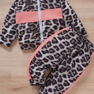 Piger Leopard Print Color Block Lynlås Sweatshirt + Bukser Sæt Babytøj