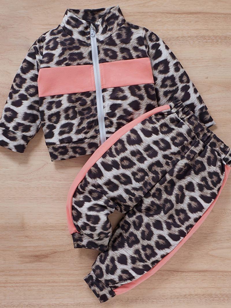 Piger Leopard Print Color Block Lynlås Sweatshirt + Bukser Sæt Babytøj