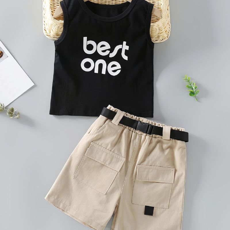 Piger Letter Print Tank Top + Lommer Shorts Med Bælte Sæt Børnetøj
