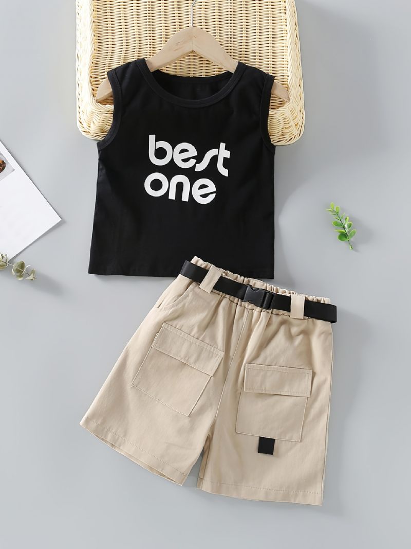 Piger Letter Print Tank Top + Lommer Shorts Med Bælte Sæt Børnetøj