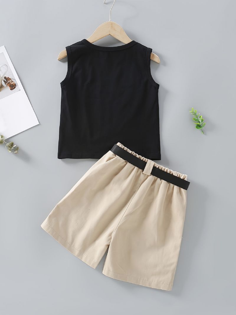 Piger Letter Print Tank Top + Lommer Shorts Med Bælte Sæt Børnetøj