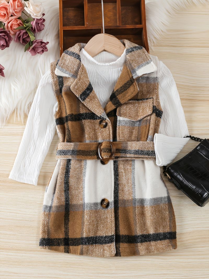 Piger Mode Casual Rundhalset Langærmet +plaid Tank Top Kjole Med Bælte 2 Stk Sæt Efterår Vinter