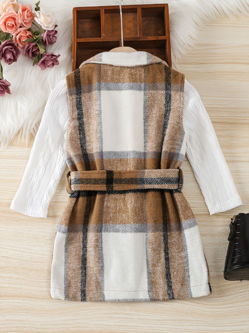 Piger Mode Casual Rundhalset Langærmet +plaid Tank Top Kjole Med Bælte 2 Stk Sæt Efterår Vinter