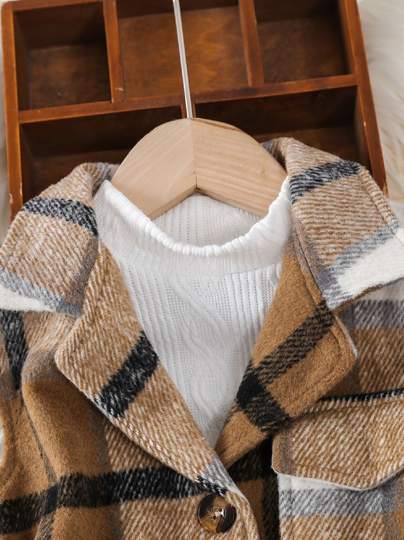 Piger Mode Casual Rundhalset Langærmet +plaid Tank Top Kjole Med Bælte 2 Stk Sæt Efterår Vinter