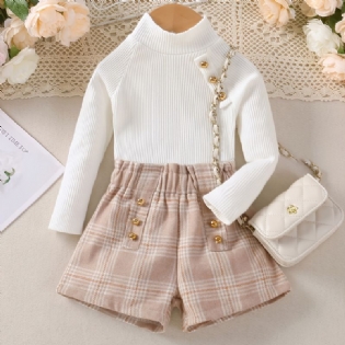 Piger Mode Langærmet Pullover Top Plaid Shorts Outfits