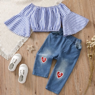 Piger One Shoulder Striped Flared Sleeve Top & Broderet Heart Denim Pants Set