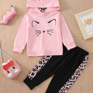 Piger Pink Cute Hooded Ear Langærmet Top Leopard Bukser Sæt