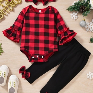 Piger Plaid Flared Sleeve Romper & Sorte Bukser & Pandebånd Sæt