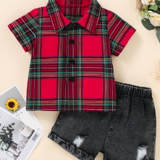 Piger Plaid Kortærmet Skjorte + Denim Kort Sæt Børnetøj Outfits