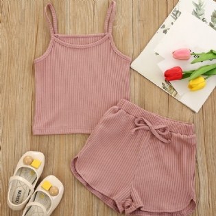 Piger Ribbed Strap Top + Bowknot Shorts Sæt Børnetøj Til Sommer