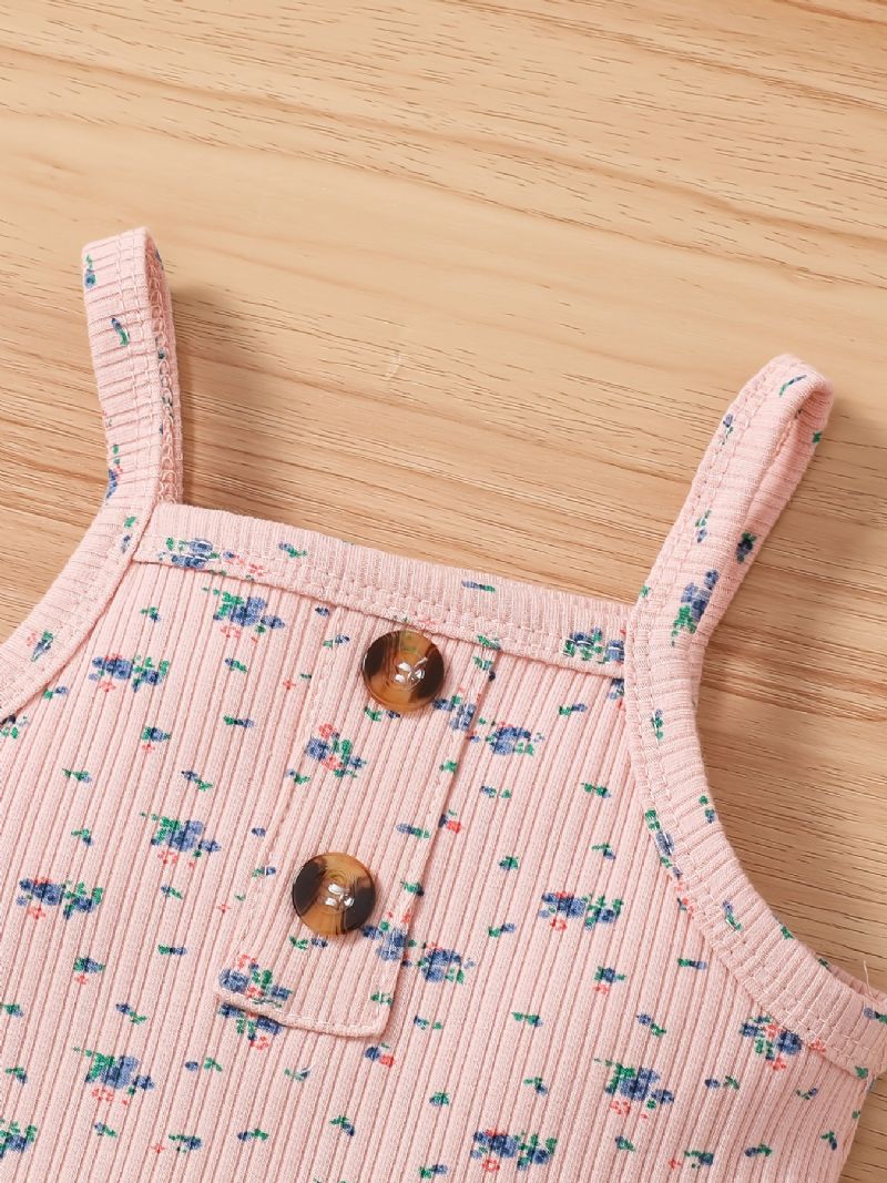 Piger Ribbet Ditsy Floral Ærmeløs Romper Bodysuit + Flæsestrim Shorts Sæt Babytøj