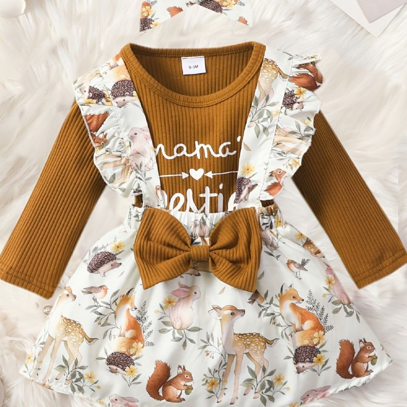 Piger Ribbet Langærmet Top + Blomsterprint Suspender Nederdel + Pandebånd Sæt Babytøj