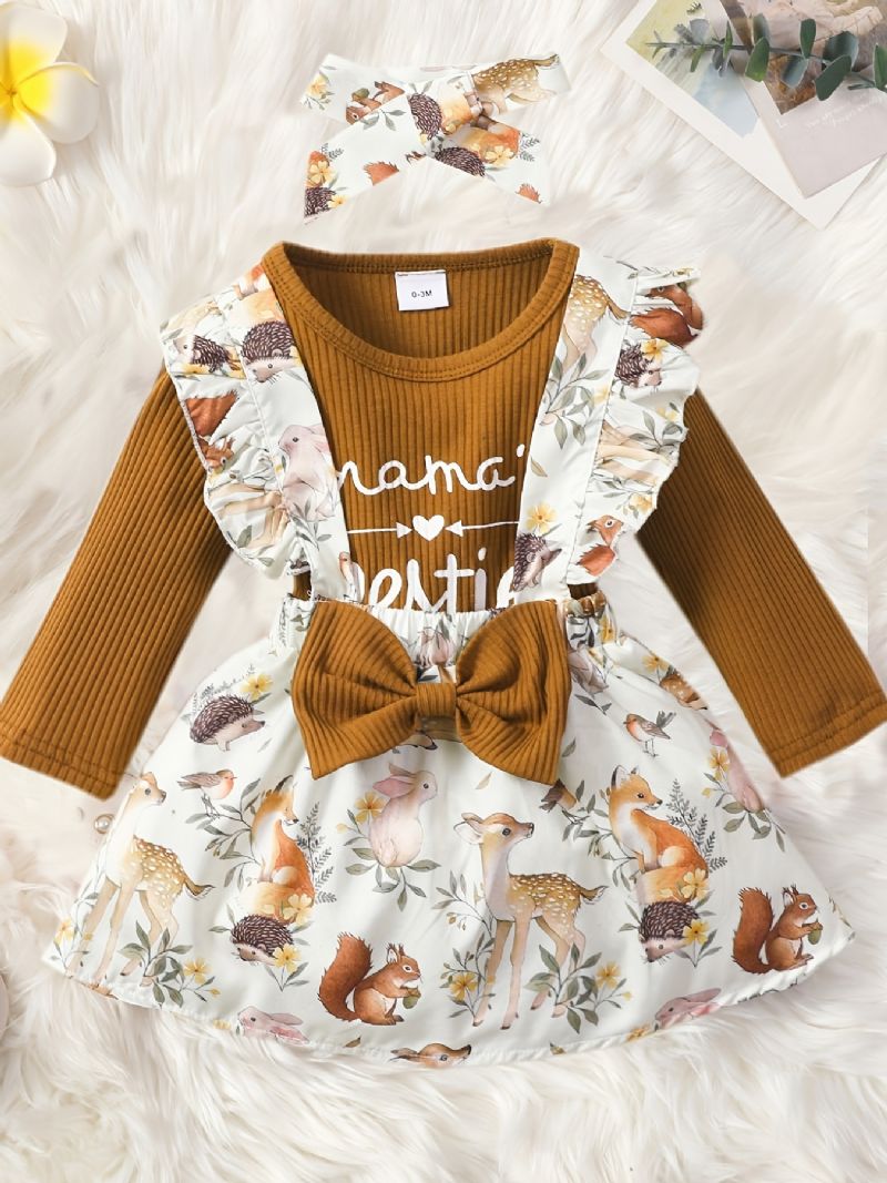 Piger Ribbet Langærmet Top + Blomsterprint Suspender Nederdel + Pandebånd Sæt Babytøj