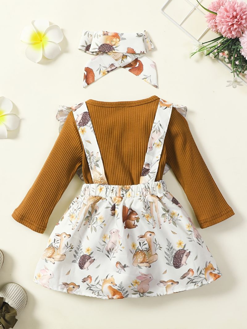 Piger Ribbet Langærmet Top + Blomsterprint Suspender Nederdel + Pandebånd Sæt Babytøj