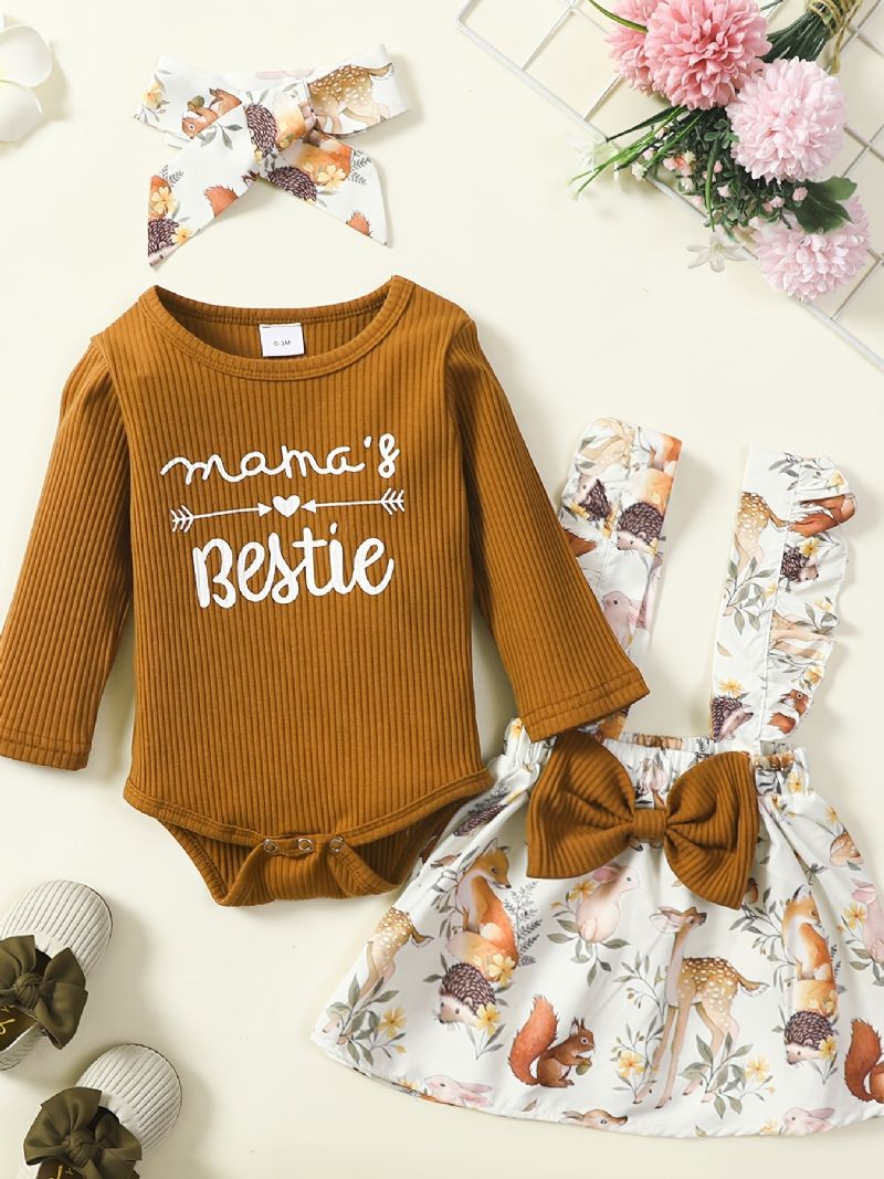Piger Ribbet Langærmet Top + Blomsterprint Suspender Nederdel + Pandebånd Sæt Babytøj