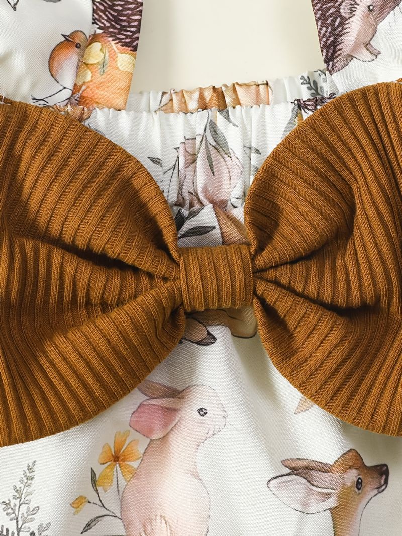 Piger Ribbet Langærmet Top + Blomsterprint Suspender Nederdel + Pandebånd Sæt Babytøj