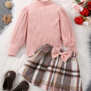 Piger Ribbet Strikket Turtle Neck Top + Plaid Nederdel Med Sløjfe Sæt Børnetøj