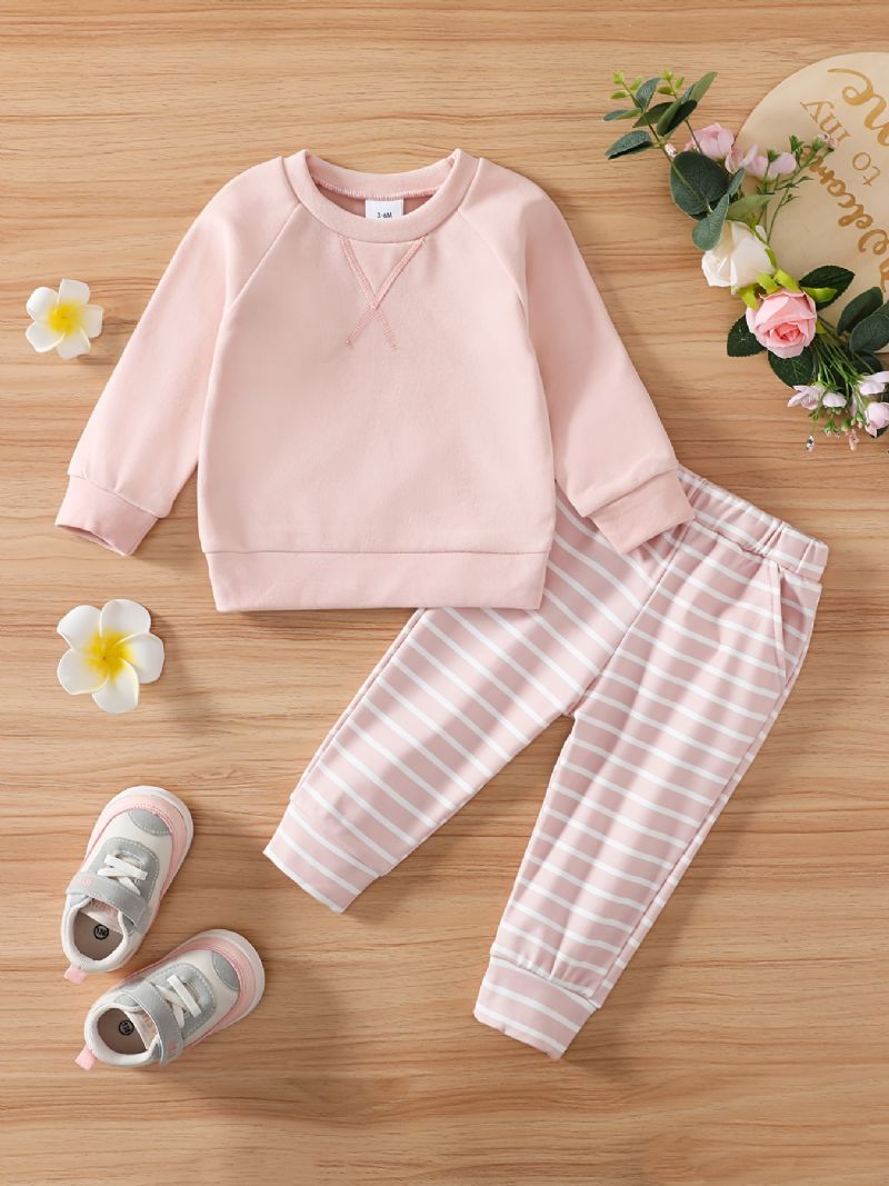 Piger Rund Hals Langærmet Pullover Top + Stribede Bukser Sæt Babytøj