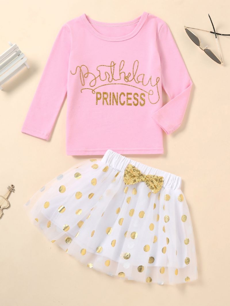 Piger Rund Hals Langærmet Top + Polka Dot Mesh Nederdel Sæt Børnetøj