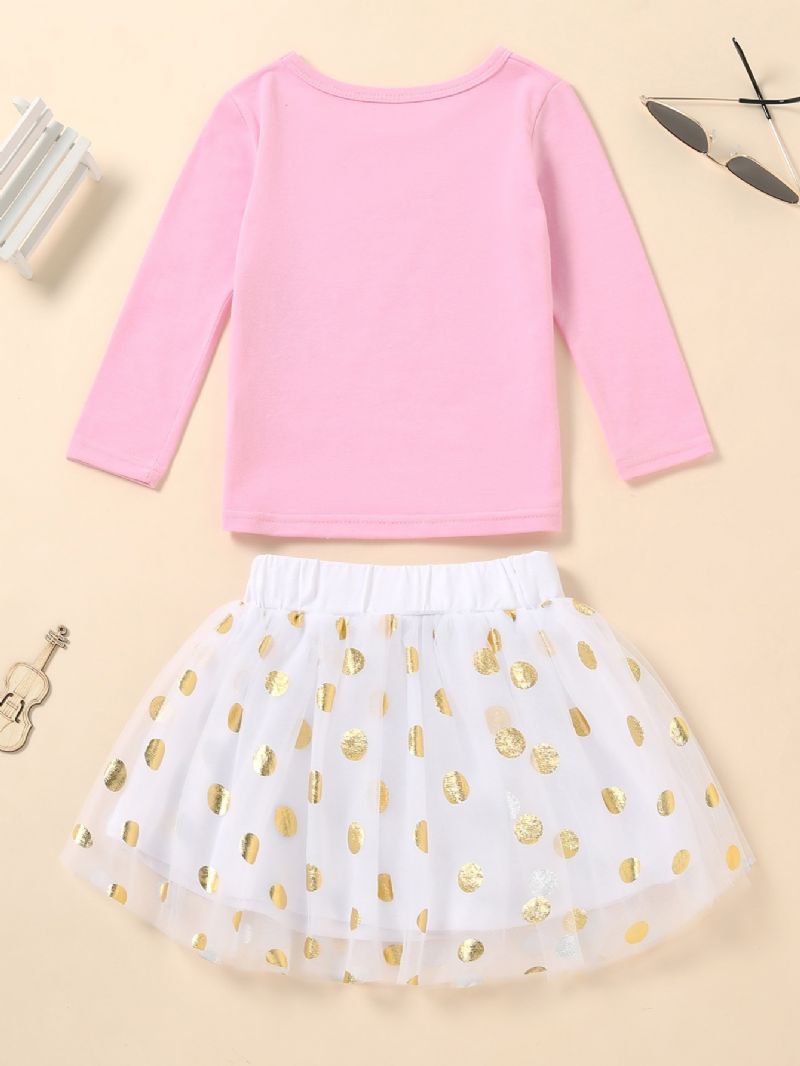 Piger Rund Hals Langærmet Top + Polka Dot Mesh Nederdel Sæt Børnetøj