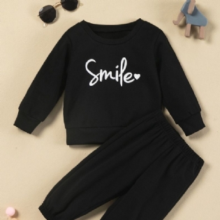 Piger Smile Letter Print Rund Hals Solid Lounge Bukser Sæt