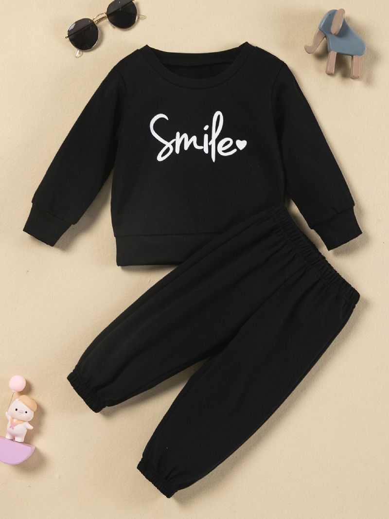 Piger Smile Letter Print Rund Hals Solid Lounge Bukser Sæt