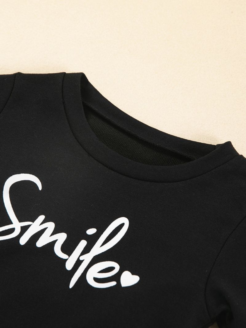 Piger Smile Letter Print Rund Hals Solid Lounge Bukser Sæt