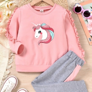 Piger Unicorn Trim Langærmet Sweatshirt + Matchende Colorblock Sweatpants Sæt Til Vinter Børnetøj