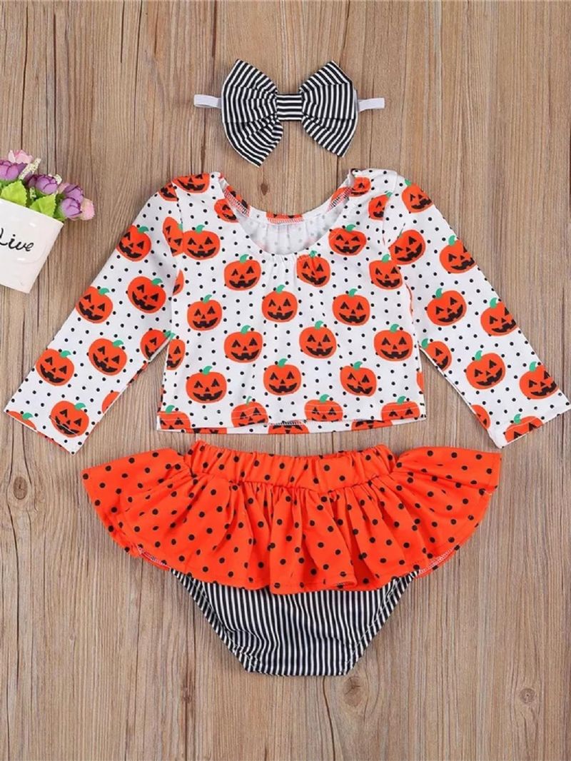 Småbørn Baby Pige Halloween Tøj Græskar Romper Top Kraniet Flæse T-shirt Ghost Stripe Tutu Nederdel Outfit Sæt