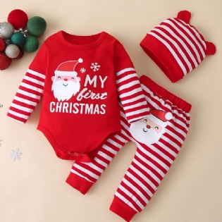 Småbørn Nyfødt Baby Pige Jul Julemand Trykt Langærmet Romper + Bukser + Hatte 3 Stk Sæt