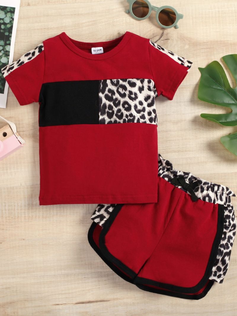Småbørn Piger Patchwork Røde Leopard Shorts Sæt