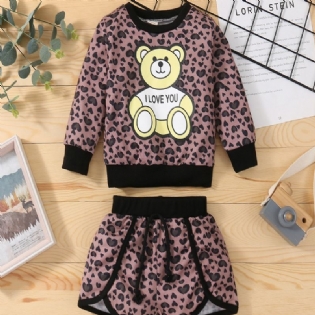 Småbørnspiger Bear Leopard Print Langærmet Sweatshirt Sweatpants Med Snoretræk