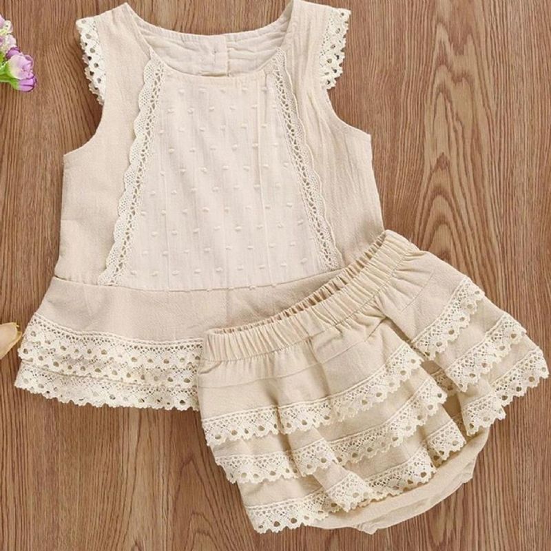 Småbørnspiger Blonde Trim Ærmeløs Tank Top & Shorts Sæt