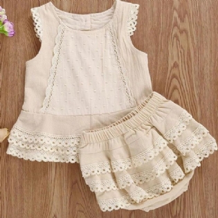 Småbørnspiger Blonde Trim Ærmeløs Tank Top & Shorts Sæt