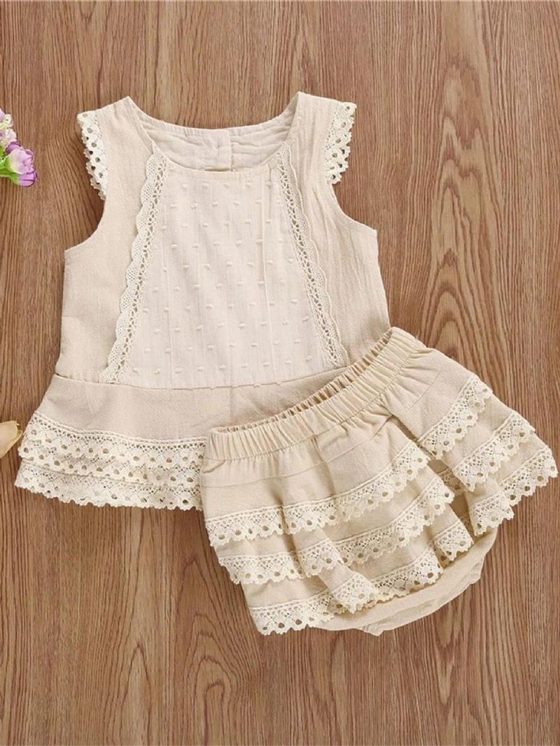 Småbørnspiger Blonde Trim Ærmeløs Tank Top & Shorts Sæt