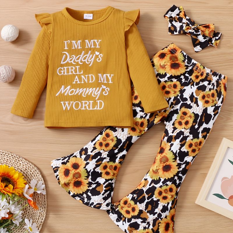Småbørnspiger Brev Broderet Langærmet Flæse Top & Blomster Print Flare Ben Bukser & Pandebånd Sæt Børnetøj
