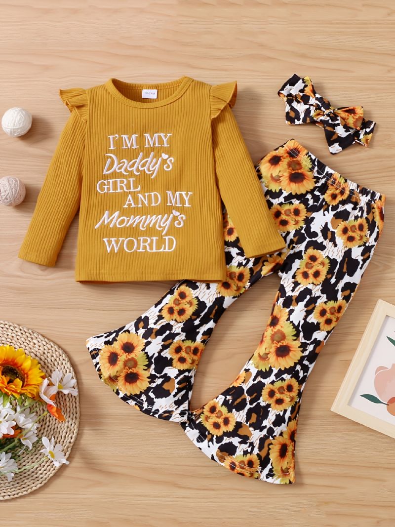 Småbørnspiger Brev Broderet Langærmet Flæse Top & Blomster Print Flare Ben Bukser & Pandebånd Sæt Børnetøj